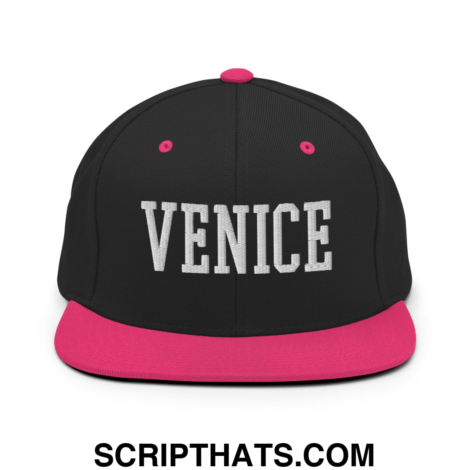 Venice Varsity College Block Embroidered Flat Bill Brim Snapback Hat Black Neon Pink