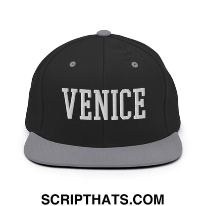 Venice Varsity College Block Embroidered Flat Bill Brim Snapback Hat Black Silver