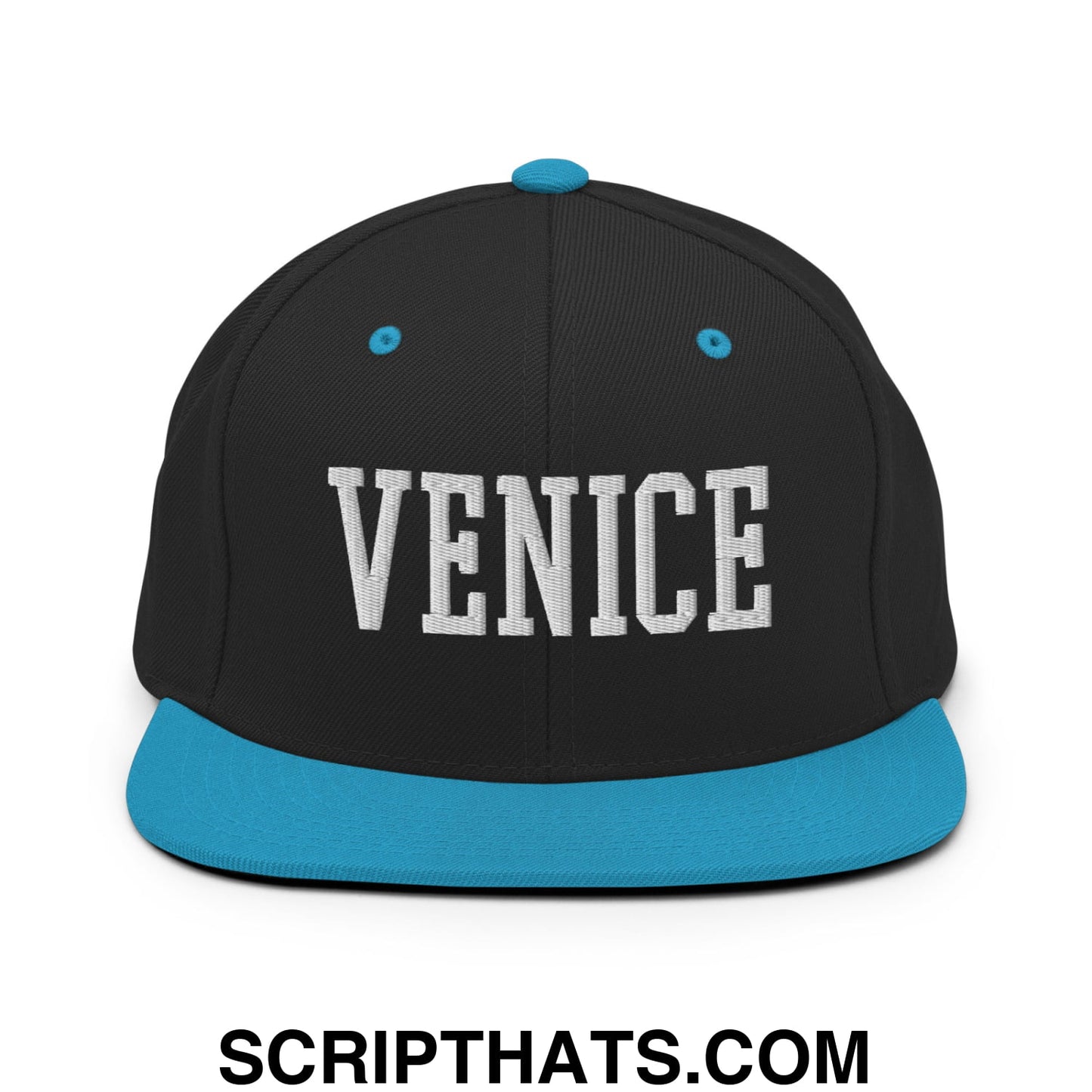 Venice Varsity College Block Embroidered Flat Bill Brim Snapback Hat Black Teal