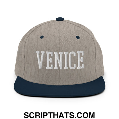 Venice Varsity College Block Embroidered Flat Bill Brim Snapback Hat Heather Grey Navy