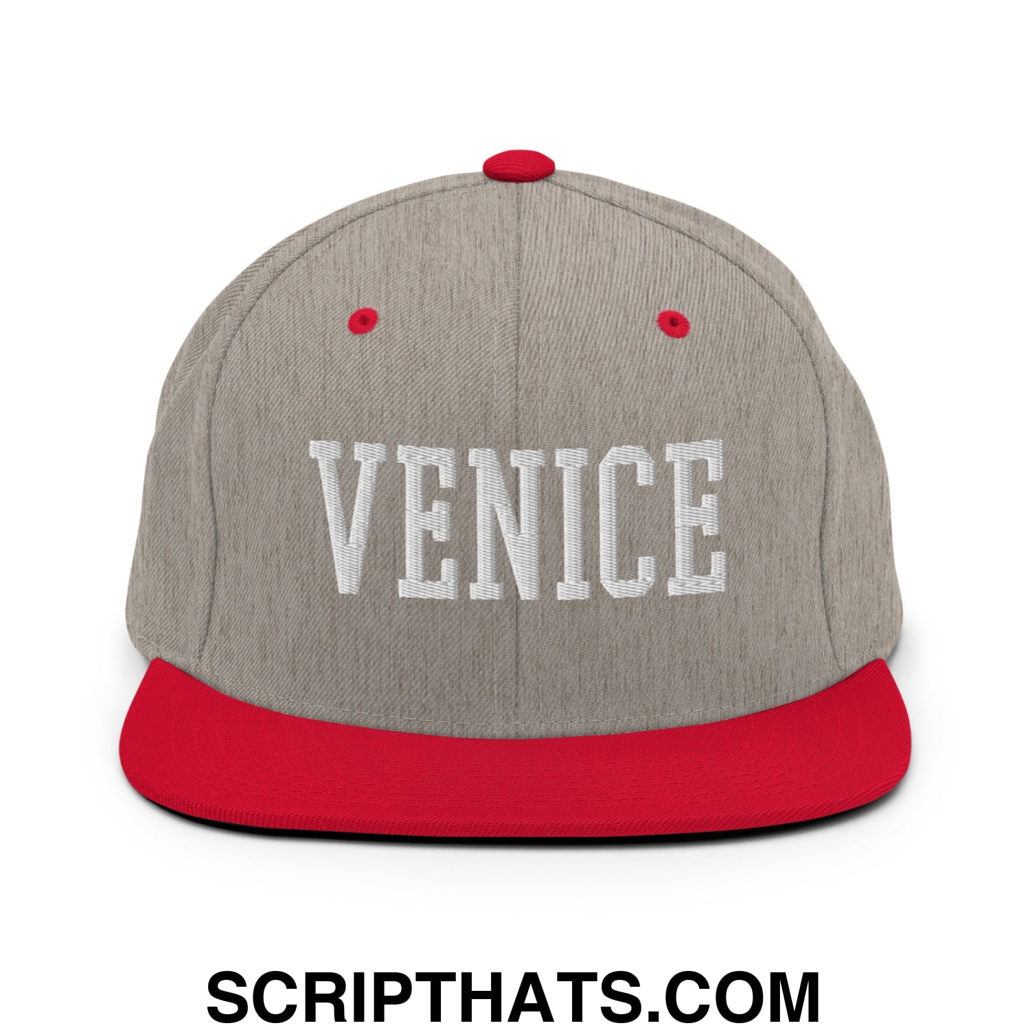 Venice Varsity College Block Embroidered Flat Bill Brim Snapback Hat Heather Grey Red