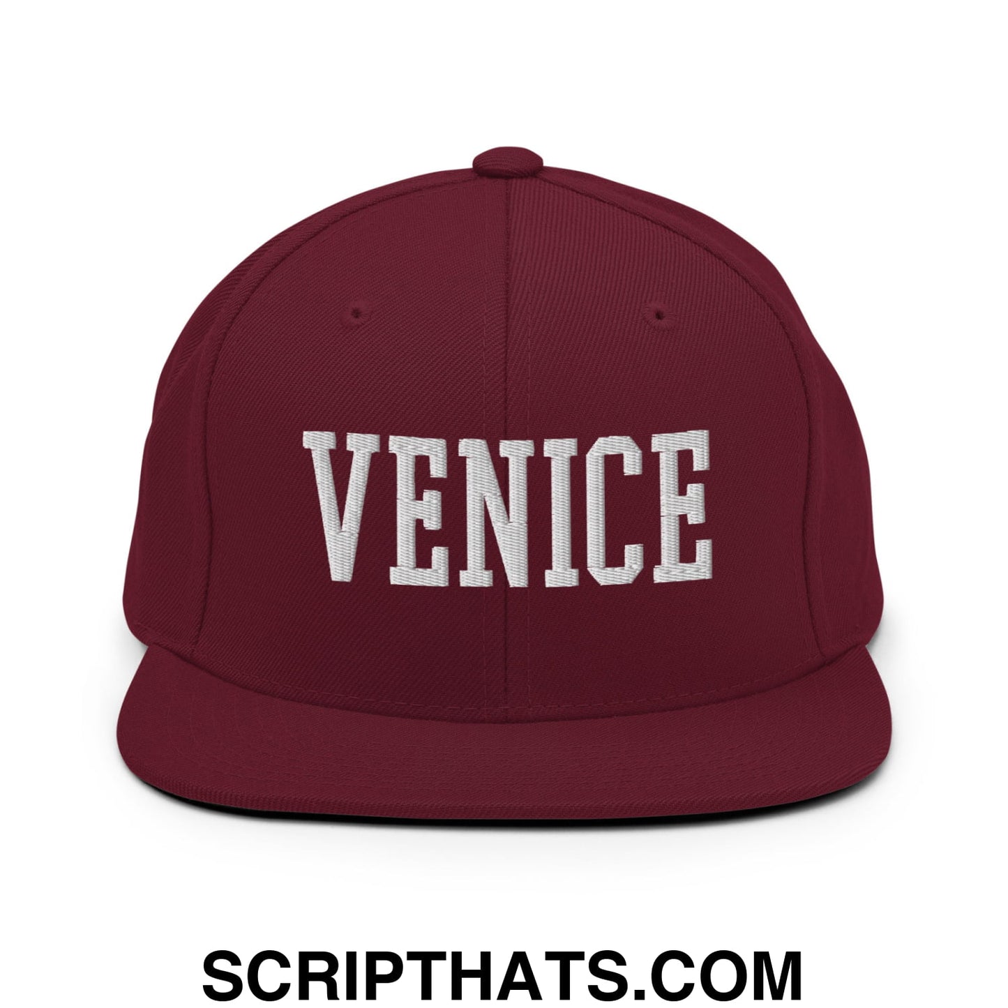 Venice Varsity College Block Embroidered Flat Bill Brim Snapback Hat Maroon