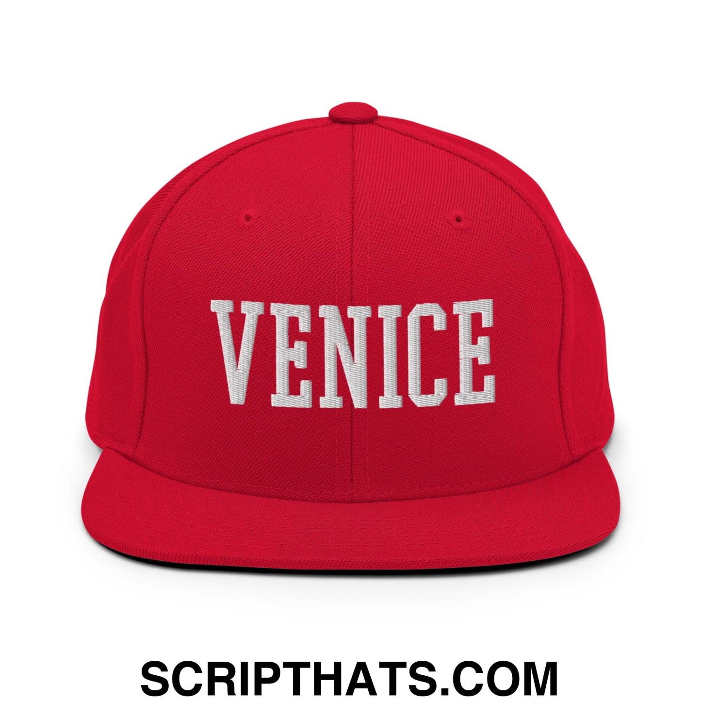 Venice Varsity College Block Embroidered Flat Bill Brim Snapback Hat Red