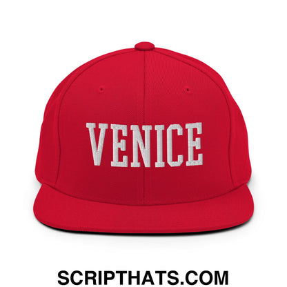 Venice Varsity College Block Embroidered Flat Bill Brim Snapback Hat Red