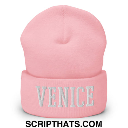 Venice Varsity College Block Embroidered Knit Cuffed Beanie Baby Pink