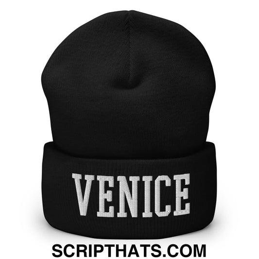 Venice Varsity College Block Embroidered Knit Cuffed Beanie Black