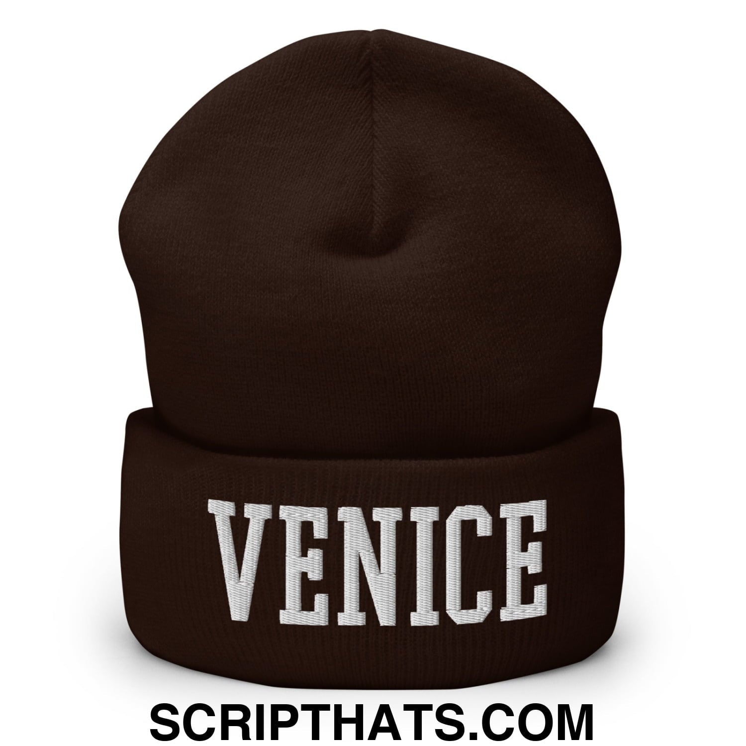 Venice Varsity College Block Embroidered Knit Cuffed Beanie Brown