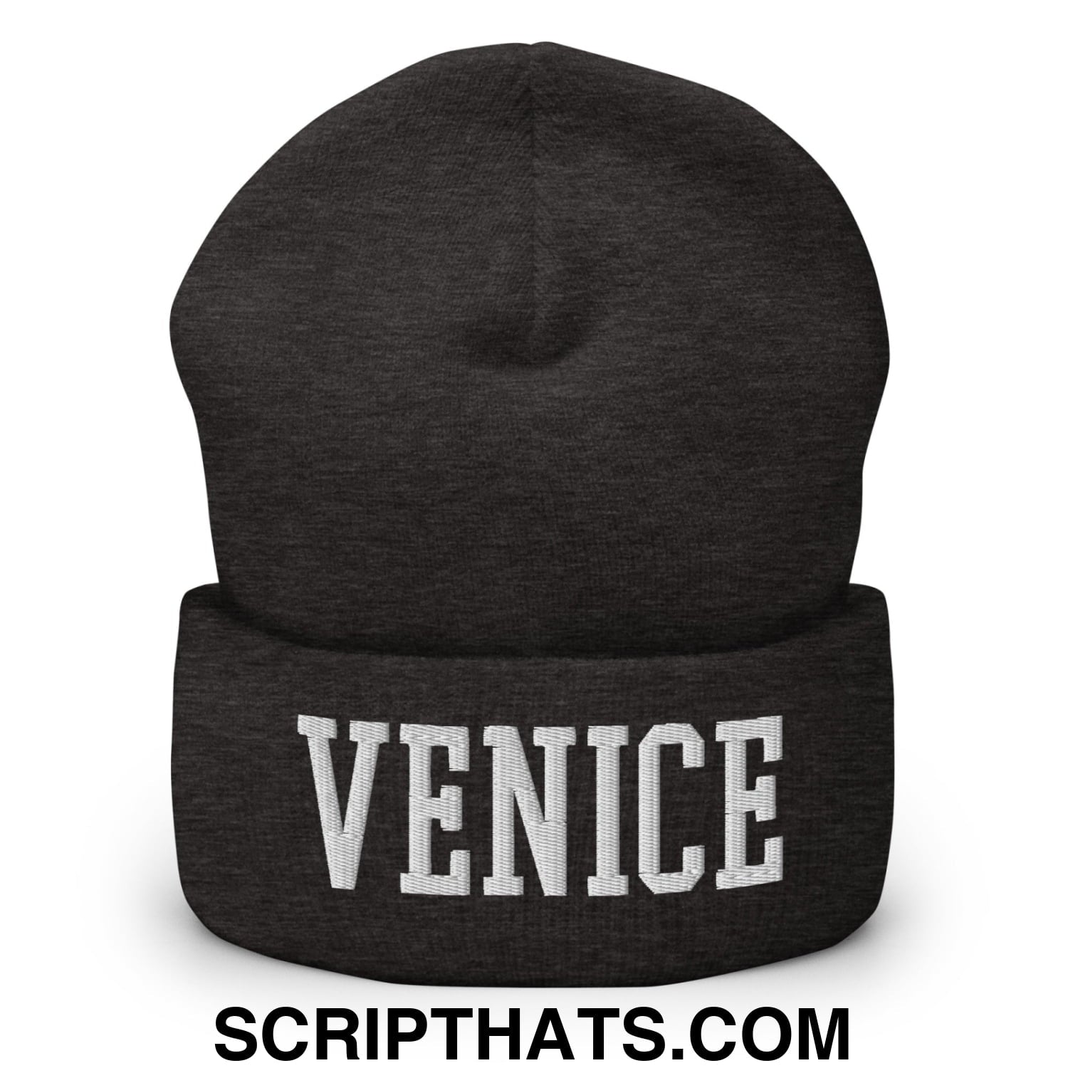 Venice Varsity College Block Embroidered Knit Cuffed Beanie Dark Grey