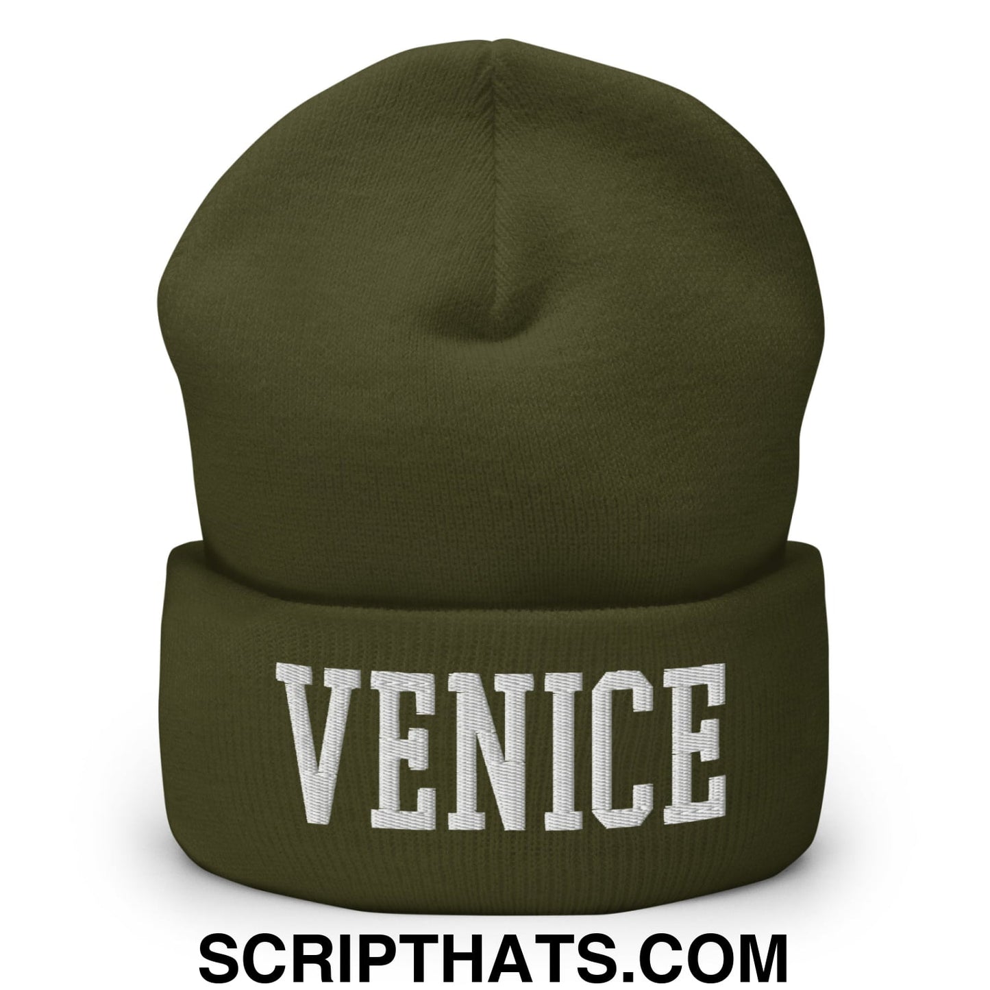 Venice Varsity College Block Embroidered Knit Cuffed Beanie Olive