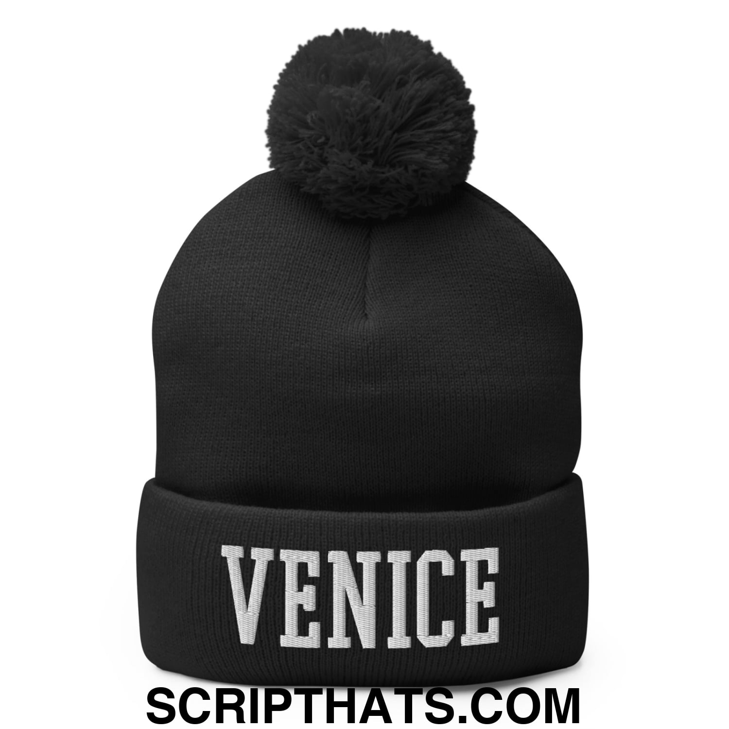 Venice Varsity College Block Embroidered Knit Pom Pom Beanie Black