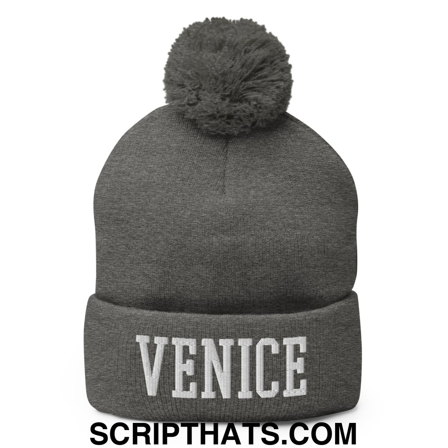 Venice Varsity College Block Embroidered Knit Pom Pom Beanie Dark Heather Grey