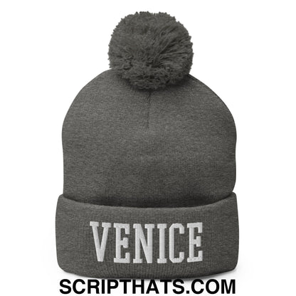 Venice Varsity College Block Embroidered Knit Pom Pom Beanie Dark Heather Grey