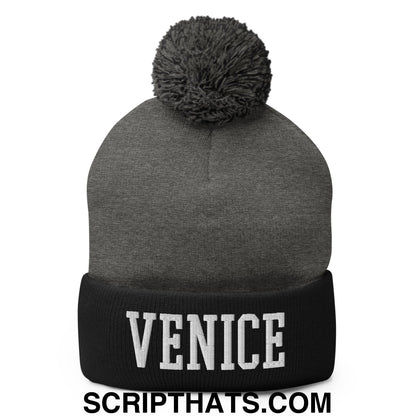 Venice Varsity College Block Embroidered Knit Pom Pom Beanie Dark Heather Grey Black