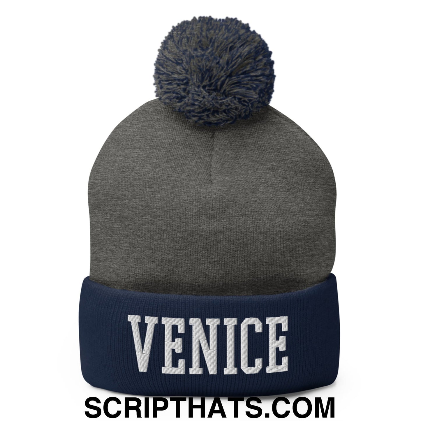 Venice Varsity College Block Embroidered Knit Pom Pom Beanie Dark Heather Grey Navy
