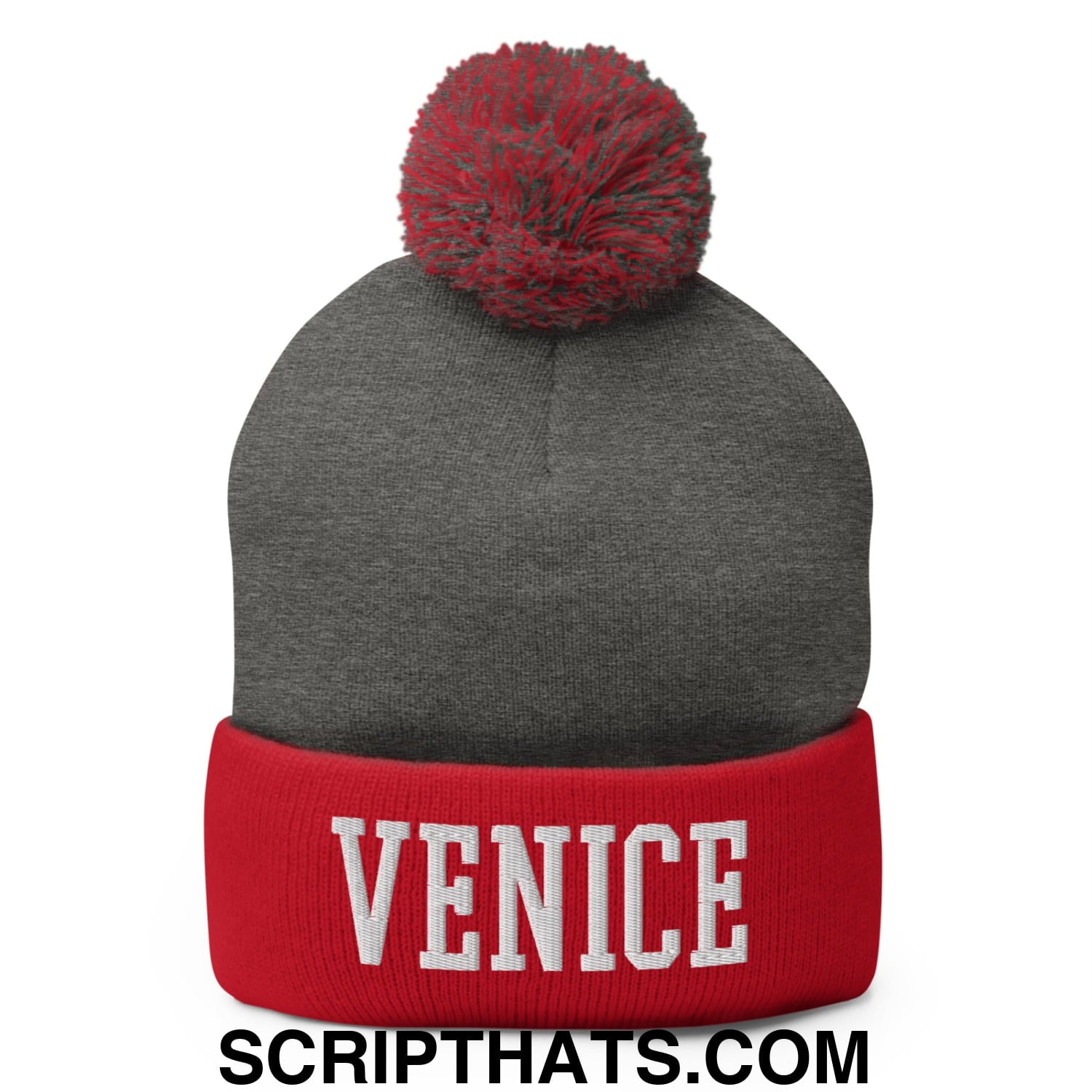 Venice Varsity College Block Embroidered Knit Pom Pom Beanie Dark Heather Grey Red