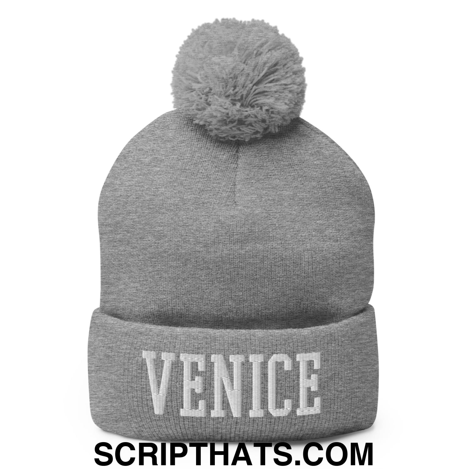 Venice Varsity College Block Embroidered Knit Pom Pom Beanie Heather Grey