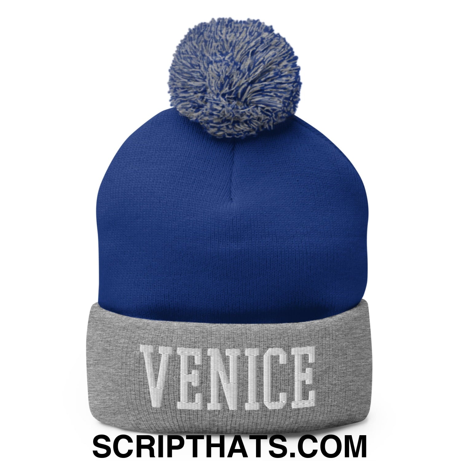 Venice Varsity College Block Embroidered Knit Pom Pom Beanie Royal Heather Grey