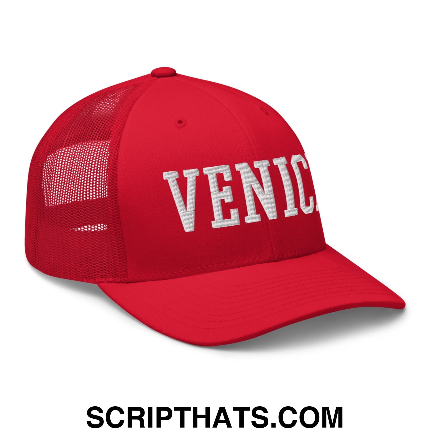 Venice Varsity College Block Embroidered Mesh Trucker Hat Red