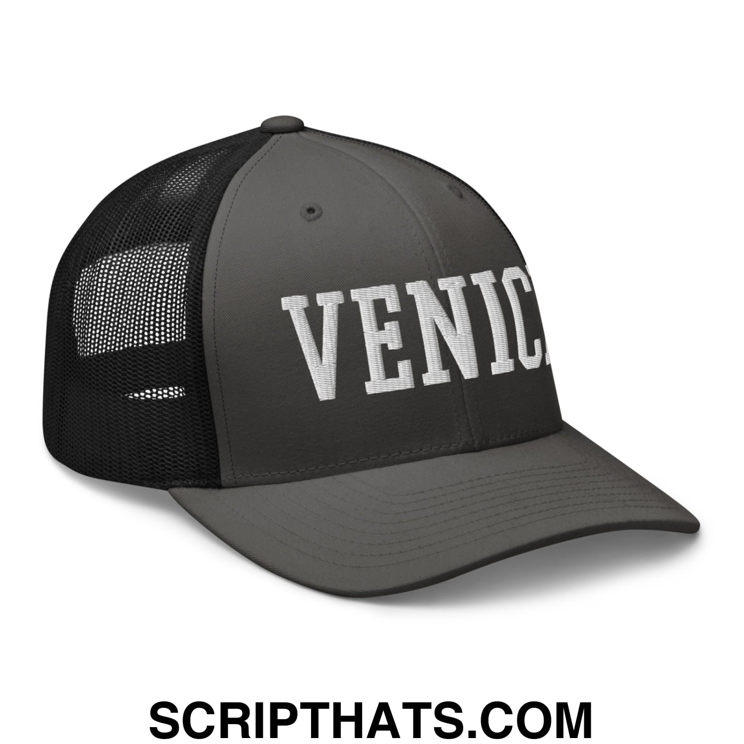 Venice Varsity College Block Embroidered Mesh Trucker Hat Charcoal Black