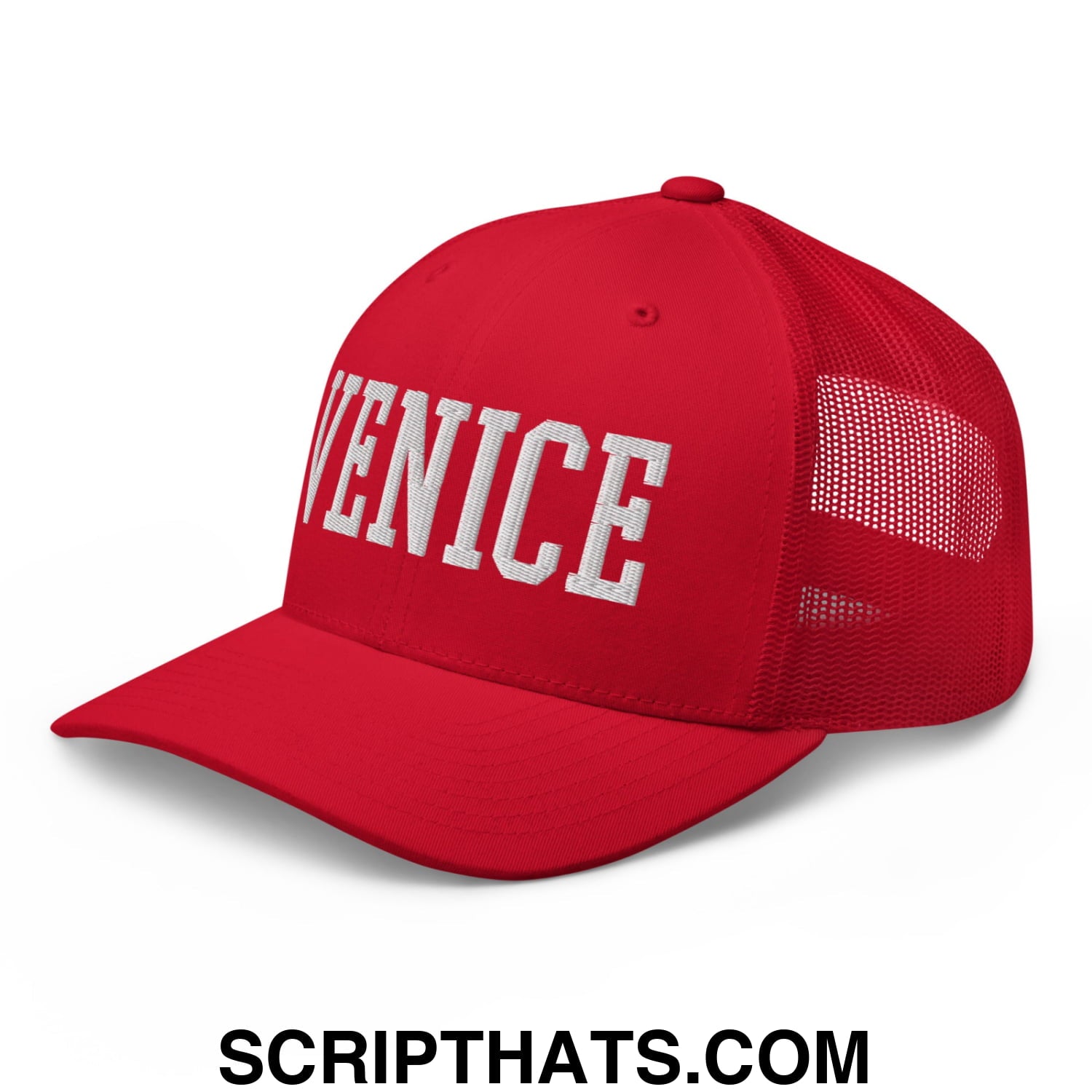 Venice Varsity College Block Embroidered Mesh Trucker Hat Red