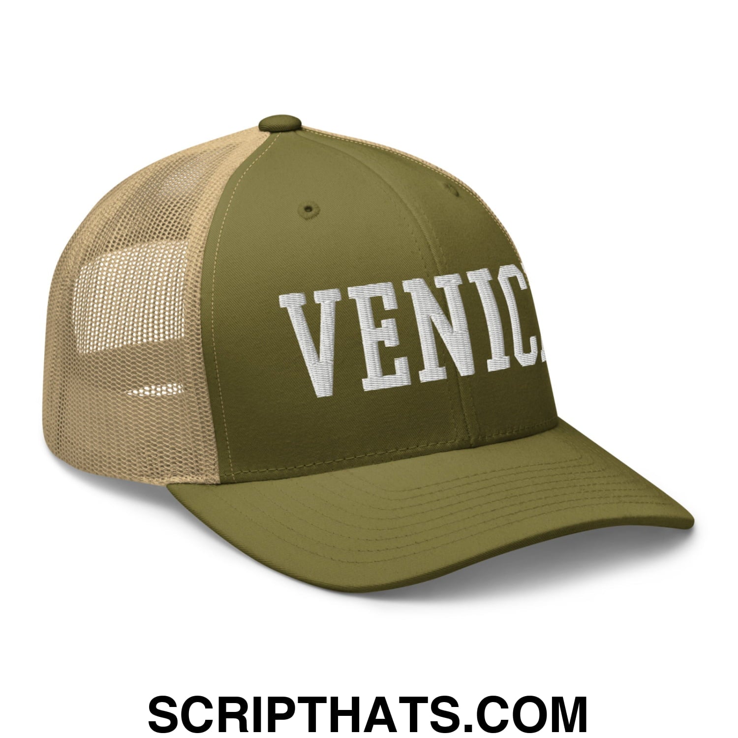 Venice Varsity College Block Embroidered Mesh Trucker Hat Moss Khaki