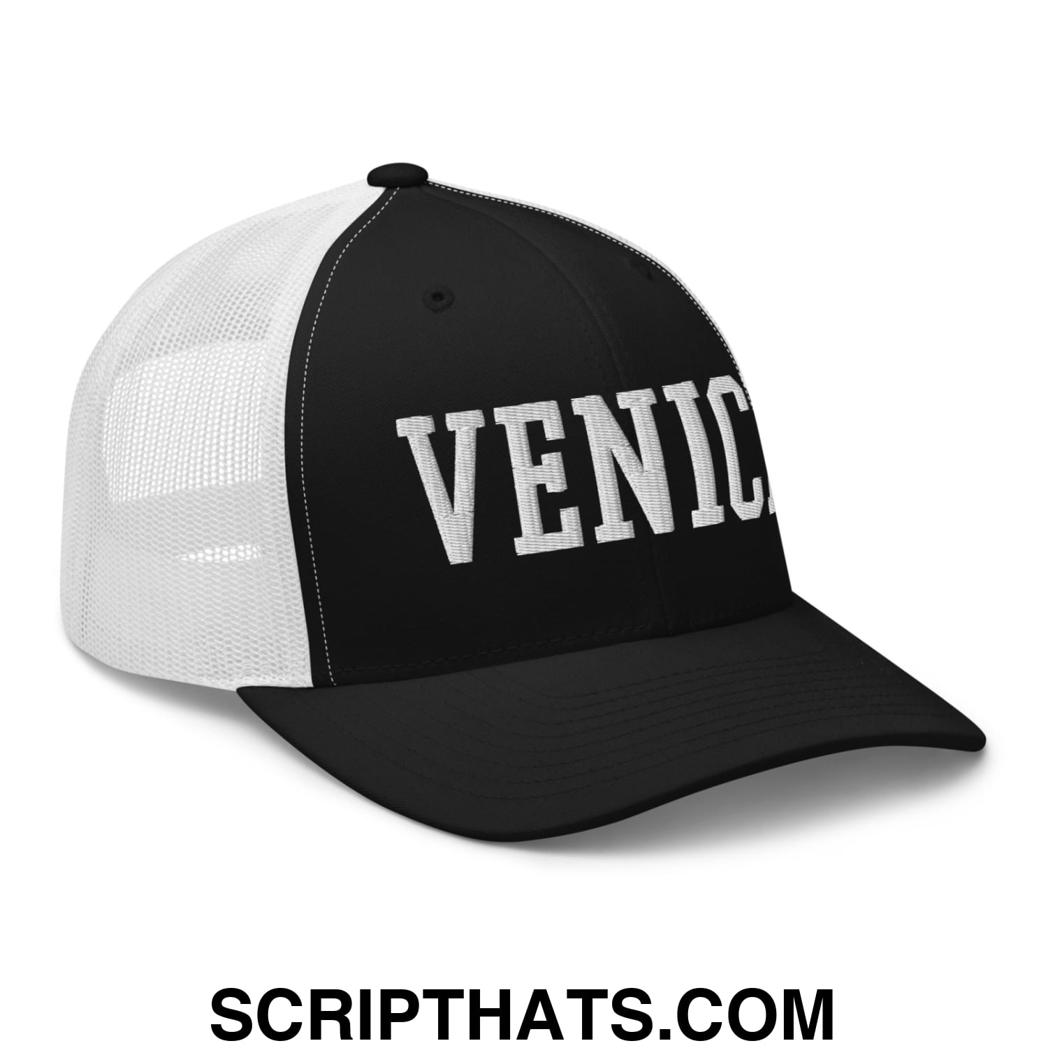 Venice Varsity College Block Embroidered Mesh Trucker Hat Black White