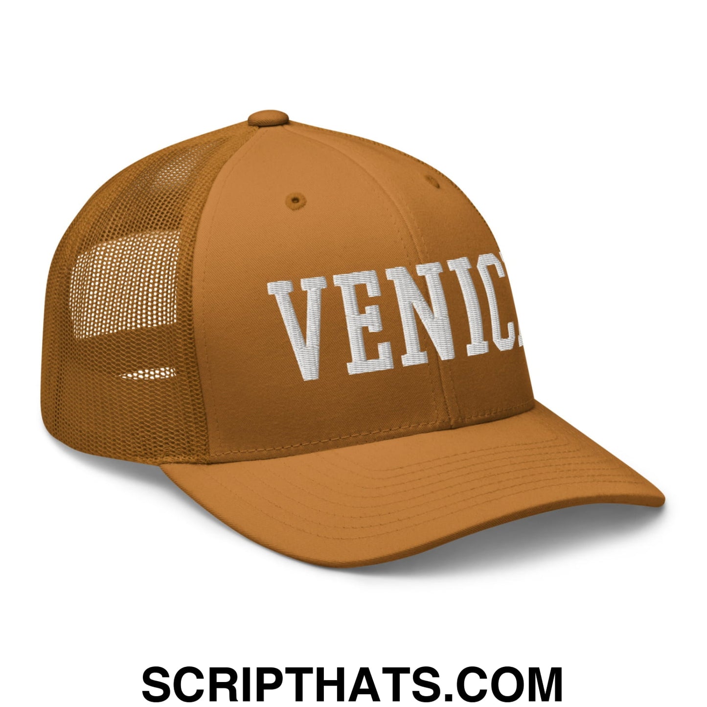 Venice Varsity College Block Embroidered Mesh Trucker Hat Caramel