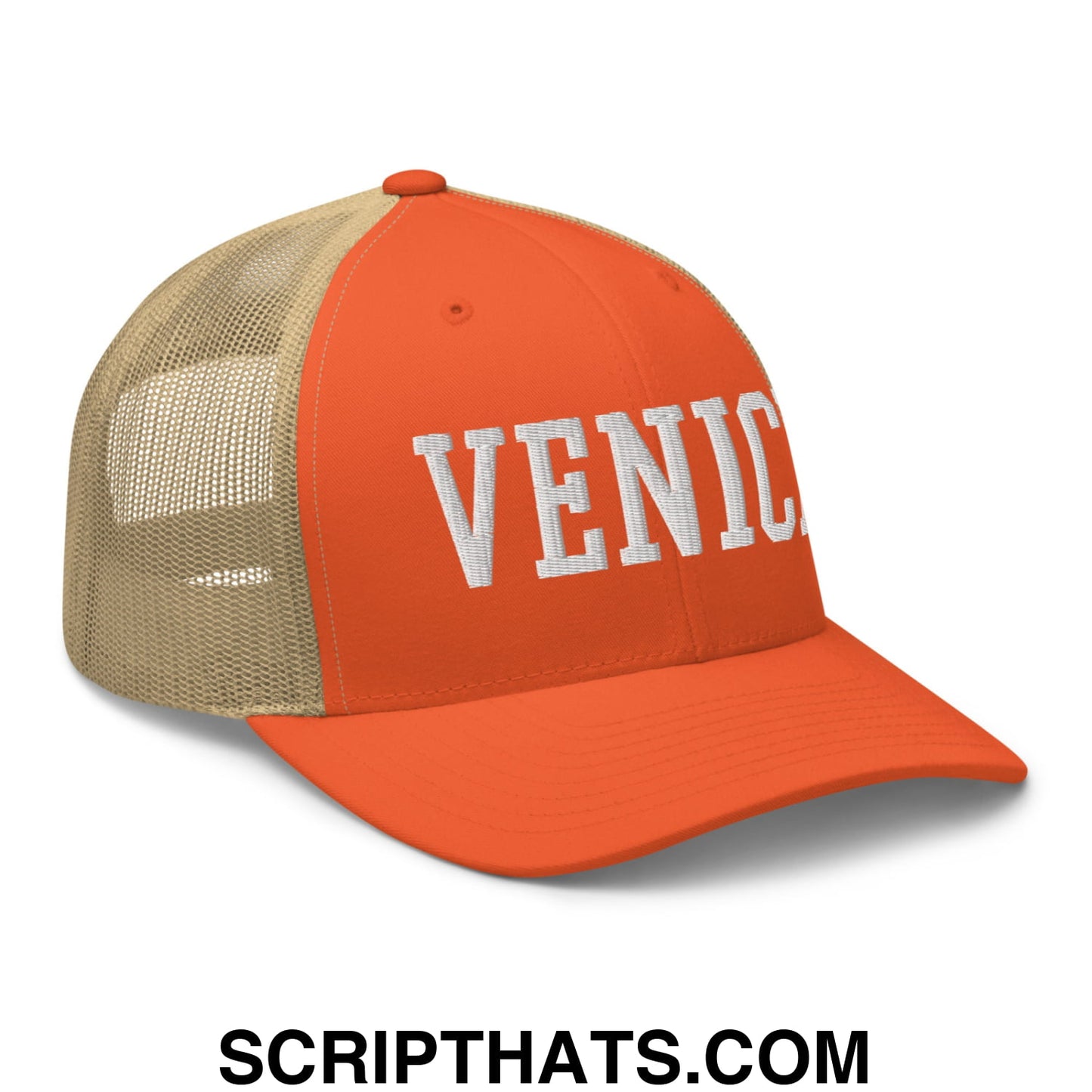 Venice Varsity College Block Embroidered Mesh Trucker Hat Rustic Orange Khaki