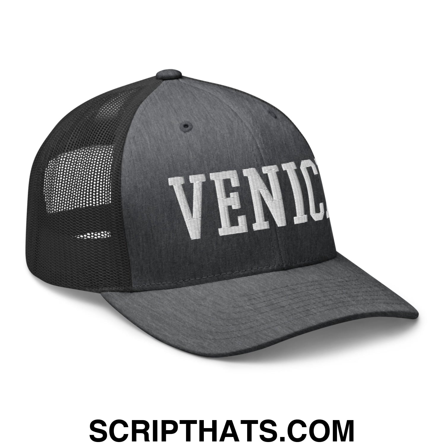 Venice Varsity College Block Embroidered Mesh Trucker Hat Dark Heather Gray
