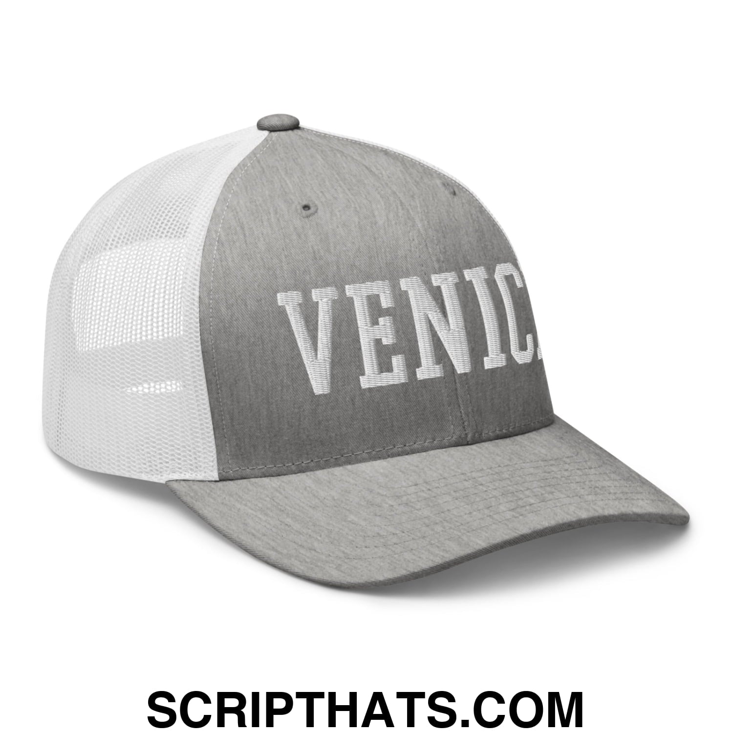 Venice Varsity College Block Embroidered Mesh Trucker Hat Heather Grey White