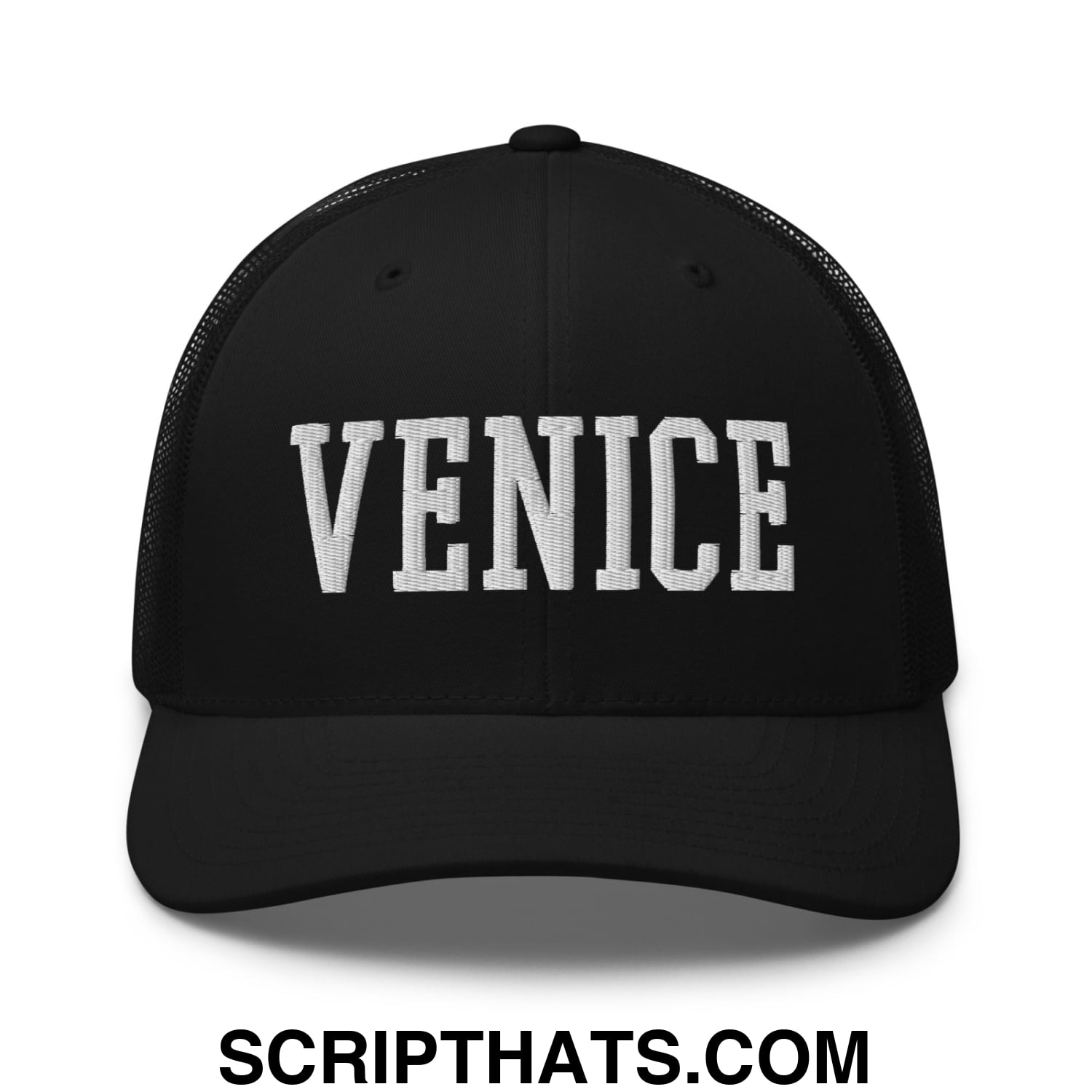Venice Varsity College Block Embroidered Mesh Trucker Hat Black