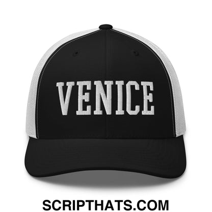 Venice Varsity College Block Embroidered Mesh Trucker Hat Black White