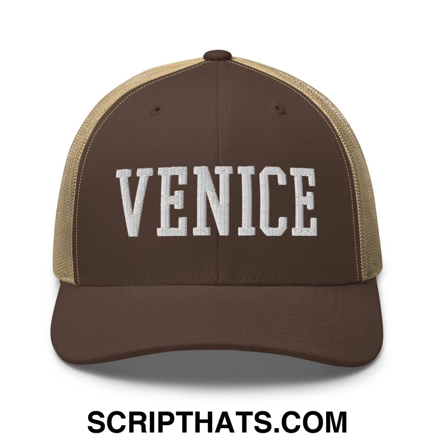 Venice Varsity College Block Embroidered Mesh Trucker Hat Brown Khaki