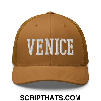 Venice Varsity College Block Embroidered Mesh Trucker Hat Caramel