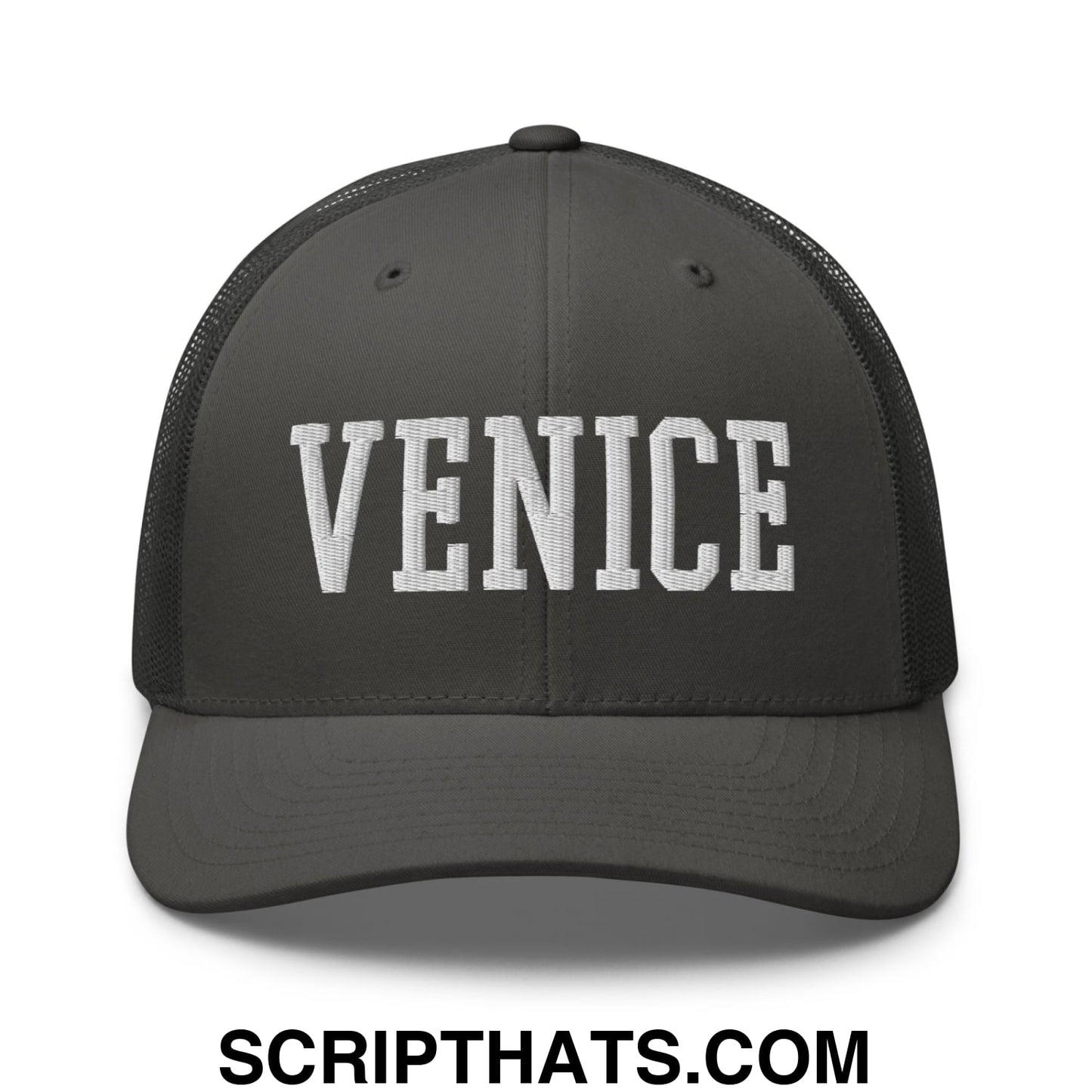 Venice Varsity College Block Embroidered Mesh Trucker Hat Charcoal