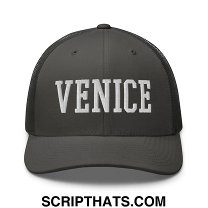 Venice Varsity College Block Embroidered Mesh Trucker Hat Charcoal