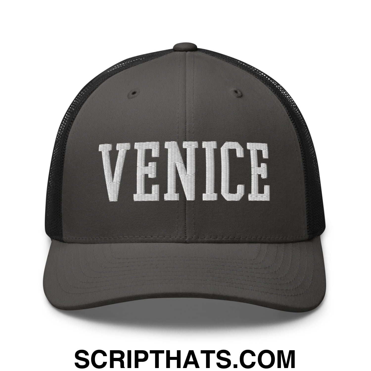 Venice Varsity College Block Embroidered Mesh Trucker Hat Charcoal Black