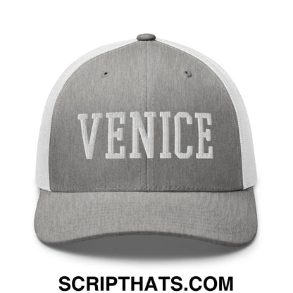 Venice Varsity College Block Embroidered Mesh Trucker Hat Heather Grey White
