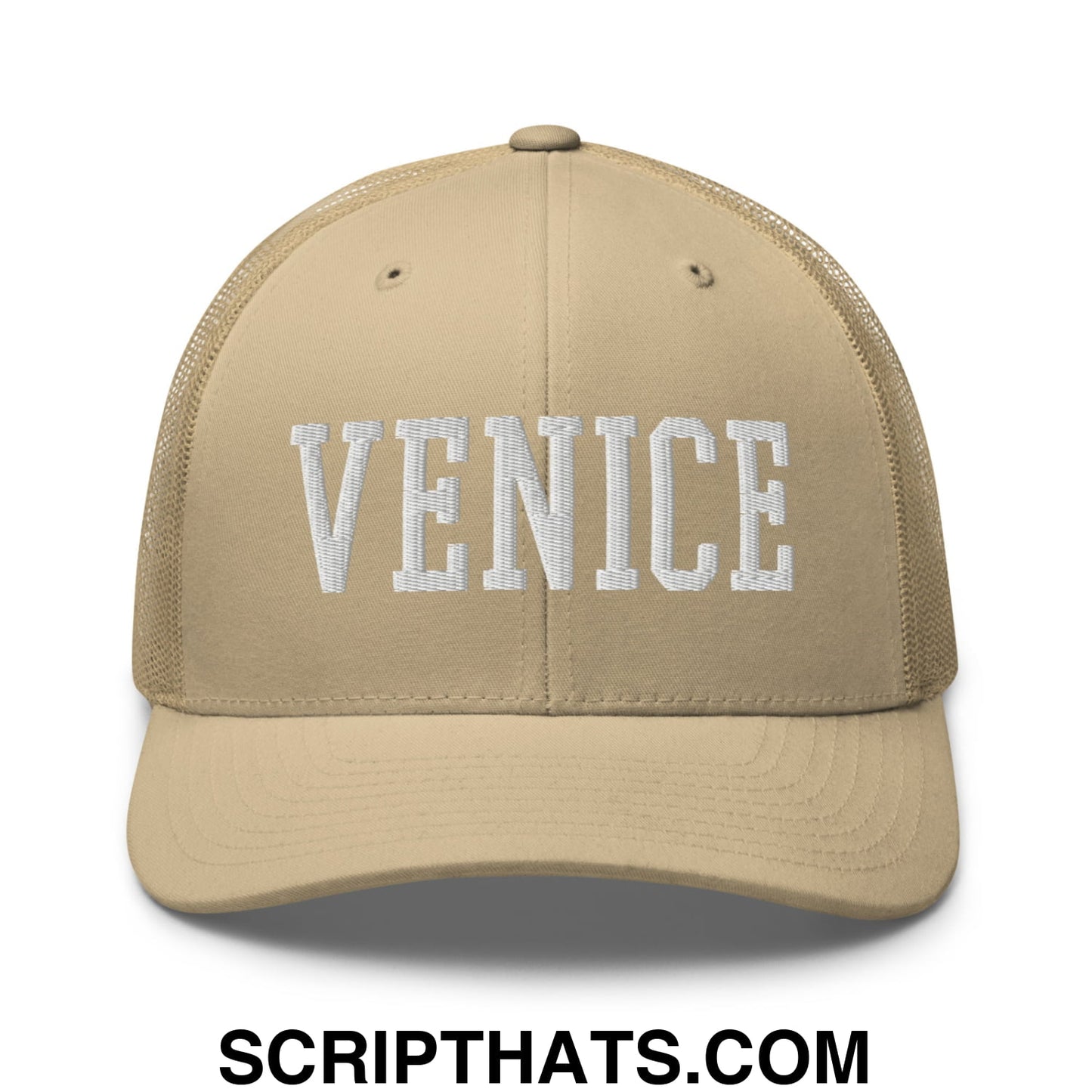 Venice Varsity College Block Embroidered Mesh Trucker Hat Khaki