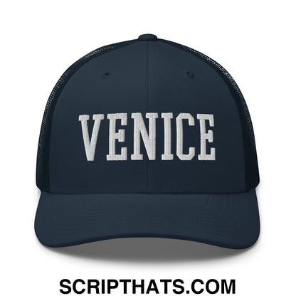 Venice Varsity College Block Embroidered Mesh Trucker Hat Navy