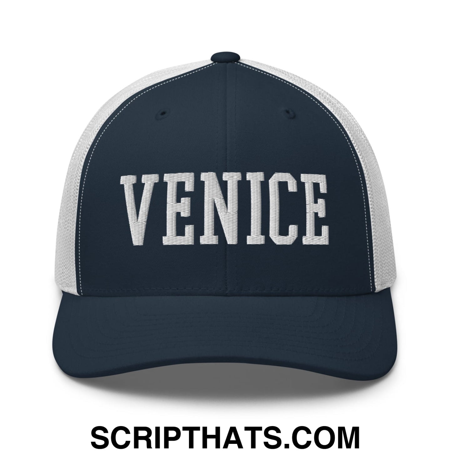 Venice Varsity College Block Embroidered Mesh Trucker Hat Navy White