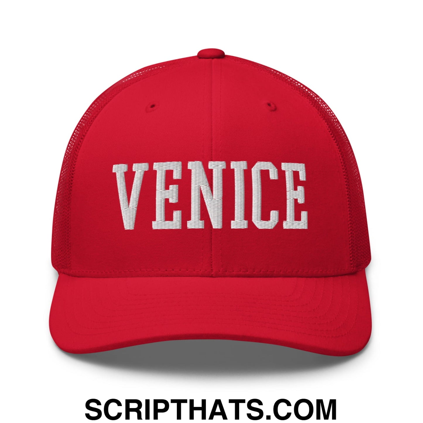 Venice Varsity College Block Embroidered Mesh Trucker Hat Red