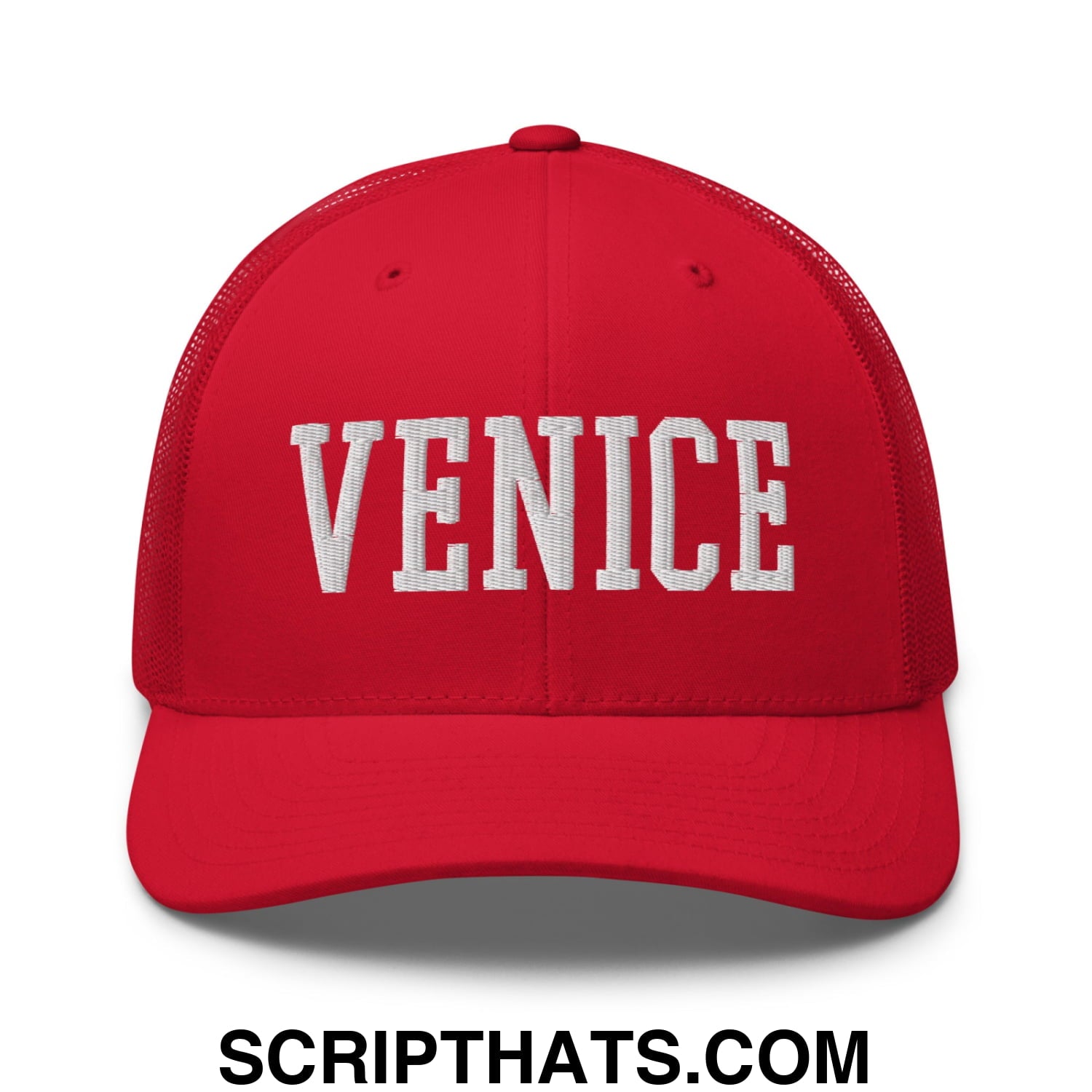 Venice Varsity College Block Embroidered Mesh Trucker Hat Red