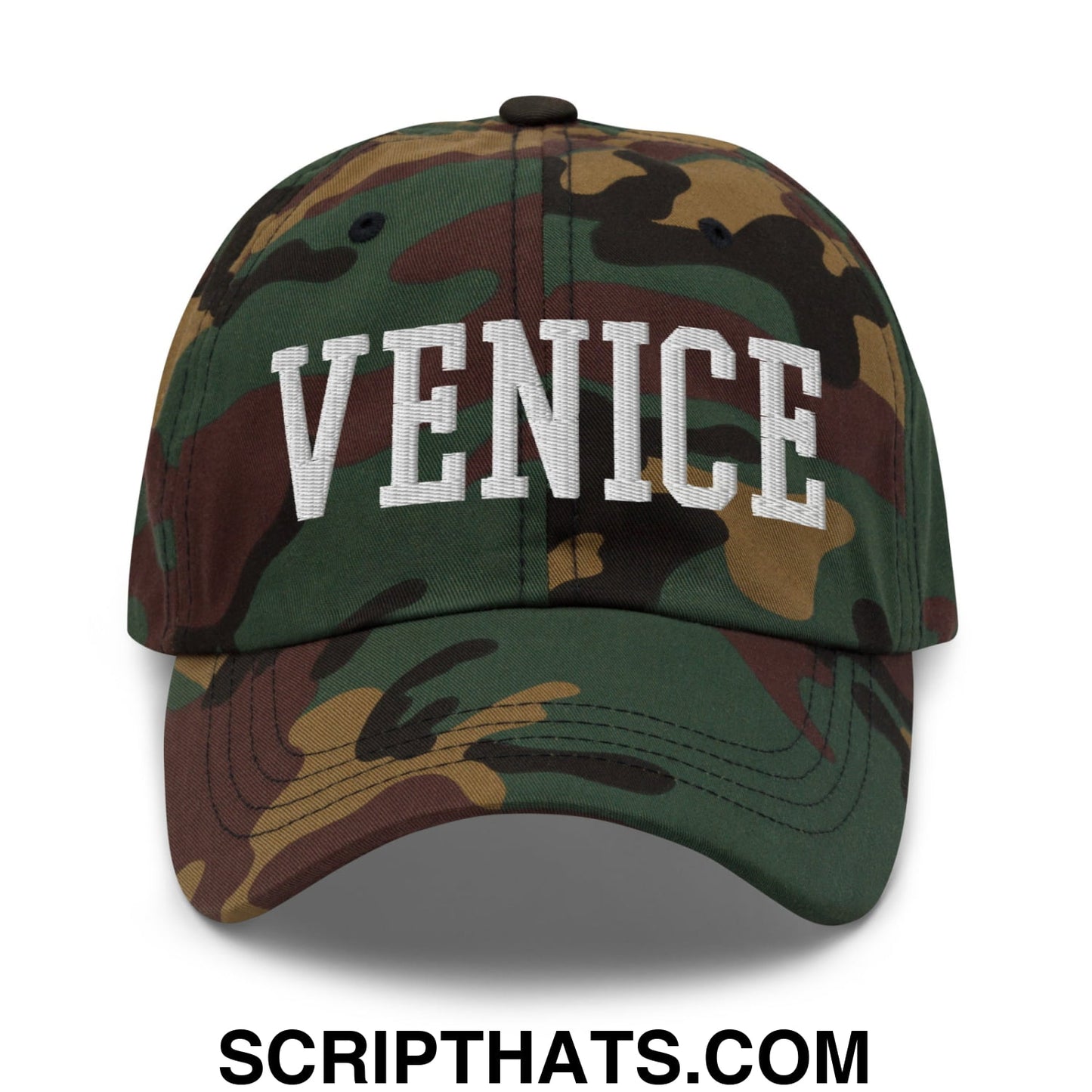 Venice Varsity College Block Embroidered Unstructured Dad Hat Green Camo