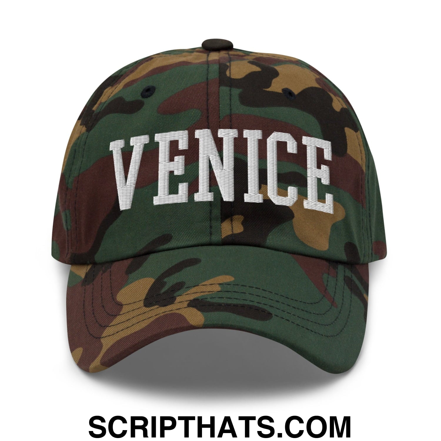 Venice Varsity College Block Embroidered Unstructured Dad Hat Green Camo