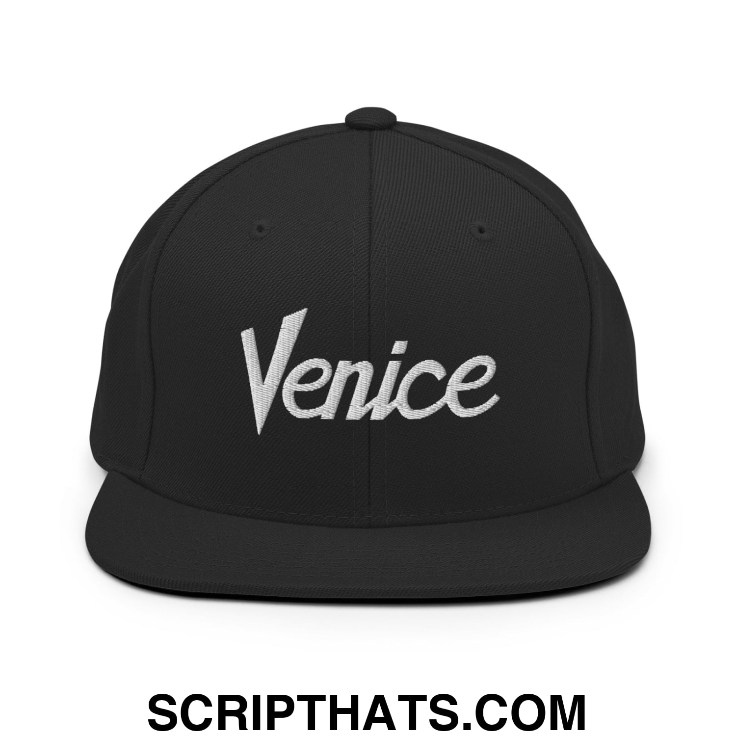 Venice Vintage Sports Script Embroidered Flat Bill Brim Snapback Hat Black