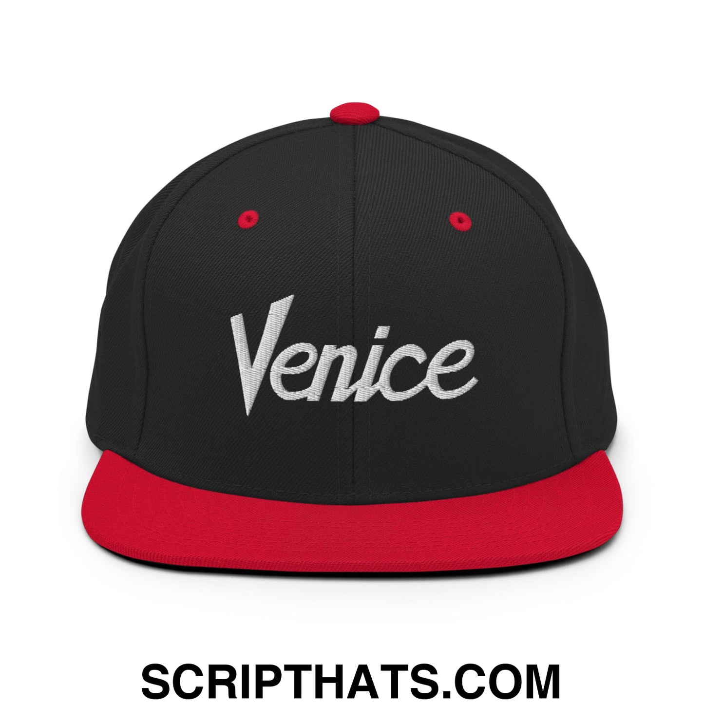 Venice Vintage Sports Script Embroidered Flat Bill Brim Snapback Hat Black Red