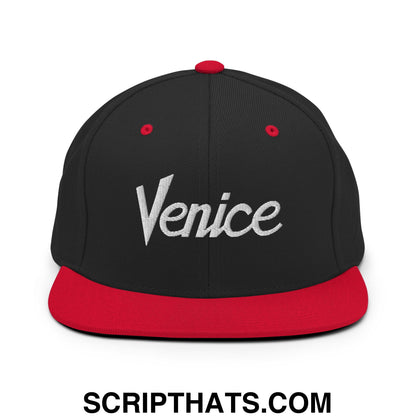 Venice Vintage Sports Script Embroidered Flat Bill Brim Snapback Hat Black Red