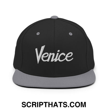 Venice Vintage Sports Script Embroidered Flat Bill Brim Snapback Hat Black Silver