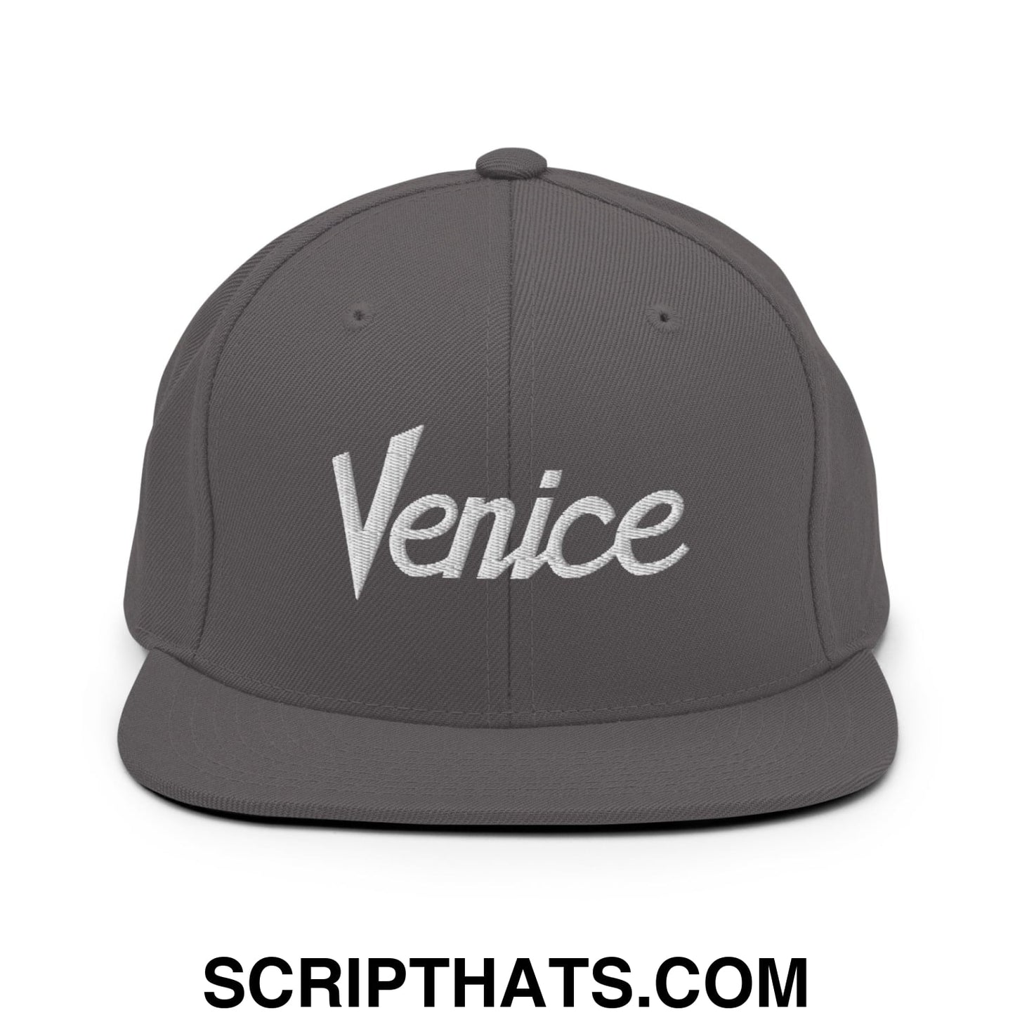 Venice Vintage Sports Script Embroidered Flat Bill Brim Snapback Hat Dark Grey